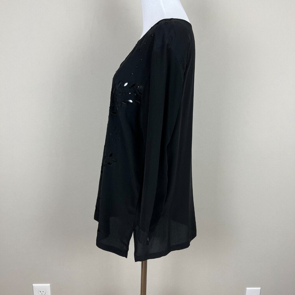 CLUB MONACO Tunic Top Womens Small Black Silk Eyelet 3/4‎ Sleeve Sheer Blouse S - Picture 9 of 16